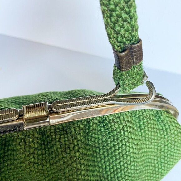 Vintage Wool Tweed Forest Green  Textured Fabric Large Oval Top Handle Bag - Picture 7 of 11